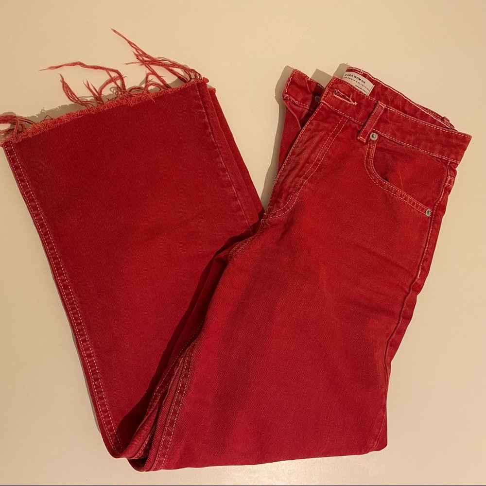 Raw hem red zara jeans